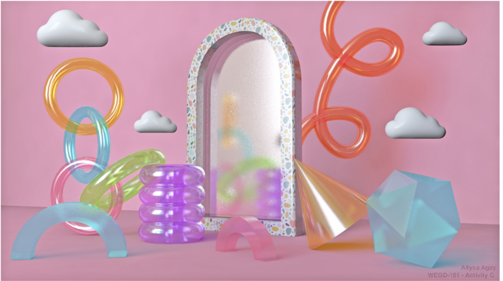 Pastel pink 3D scene with translucent coloured rings, stacked purple tubes, a terrazzo arch with frosted glass, a cone, an icosahedron and clouds.