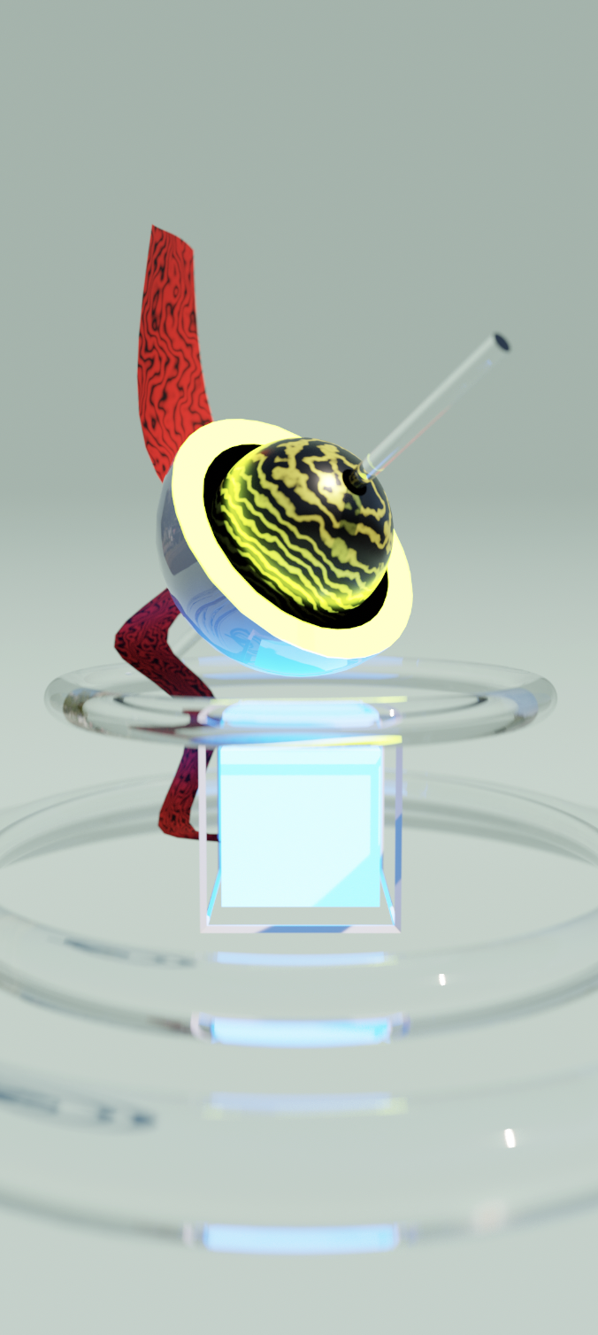 3D render of a glossy yellow and black patterned sphere with a glowing ring, balanced above glass rings and a translucent cube, with a red ribbon behind.