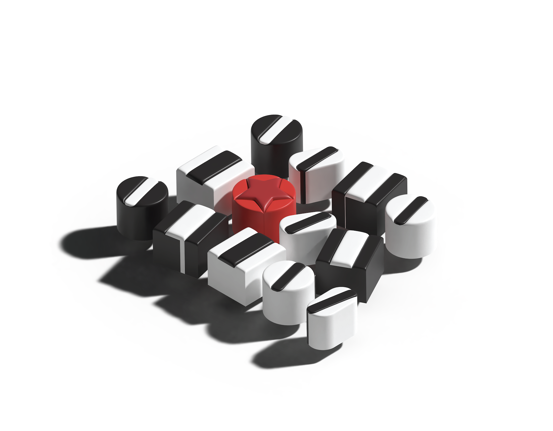3D render of black and white striped cylinders and cubes arranged in a grid, with a single red star-topped cylinder in the centre.