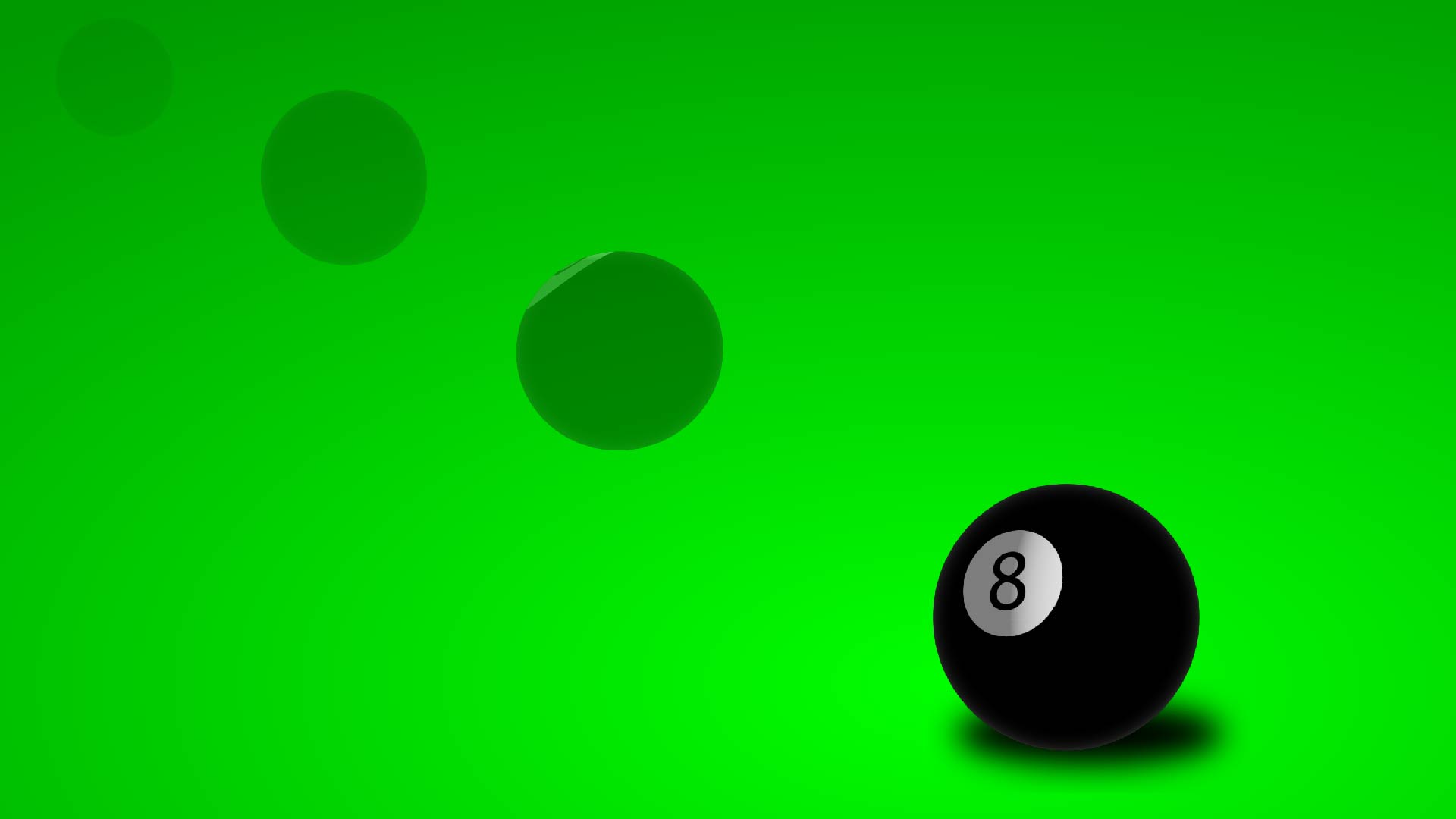 A black 8-ball on a green background with three fading translucent copies of the ball tracing its path from the upper left.