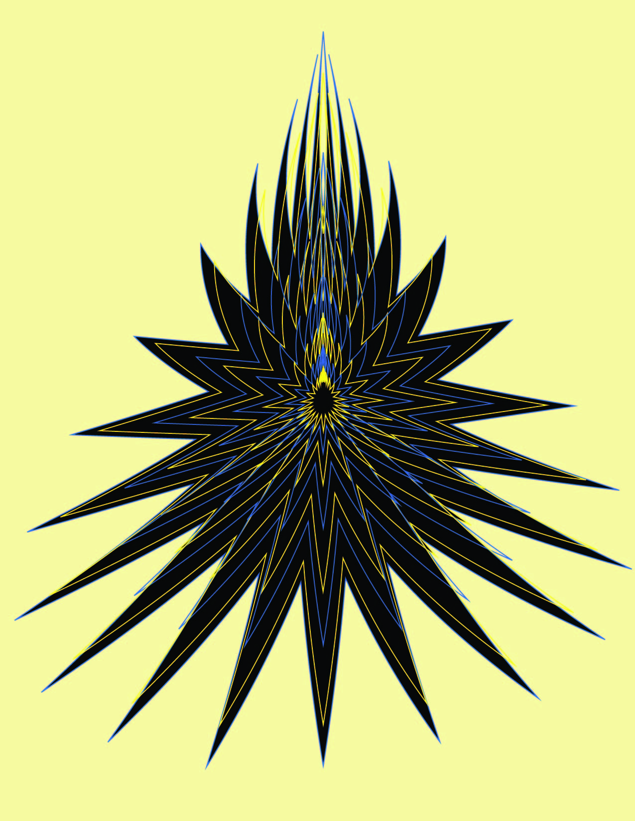 Black spiky starburst with nested yellow and blue contour lines on a pale yellow background, flaring upward like a flame.