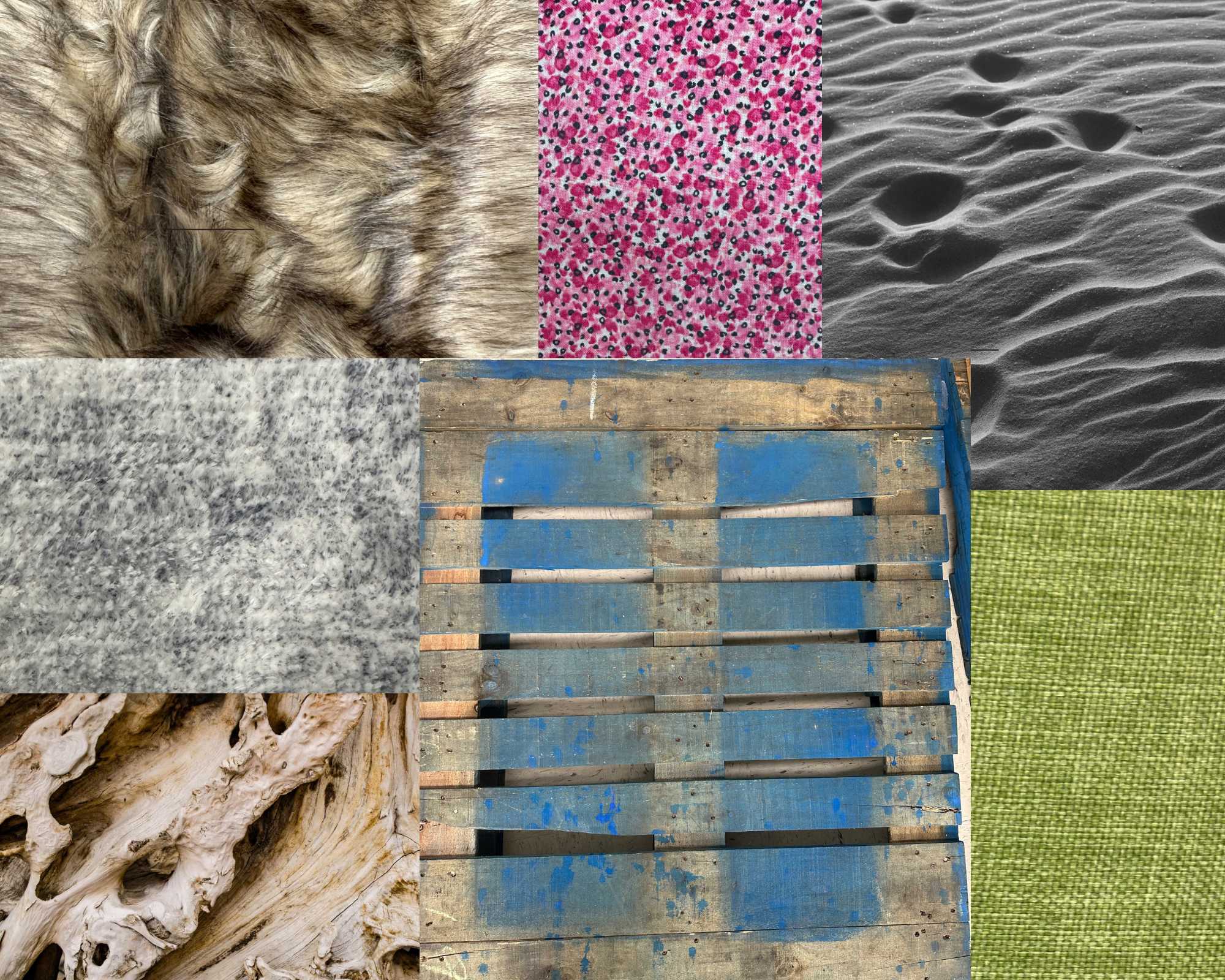 Grid of real-world textures: faux fur, leopard-print fabric, sand ripples, felt, painted pallet wood, burlap and driftwood.