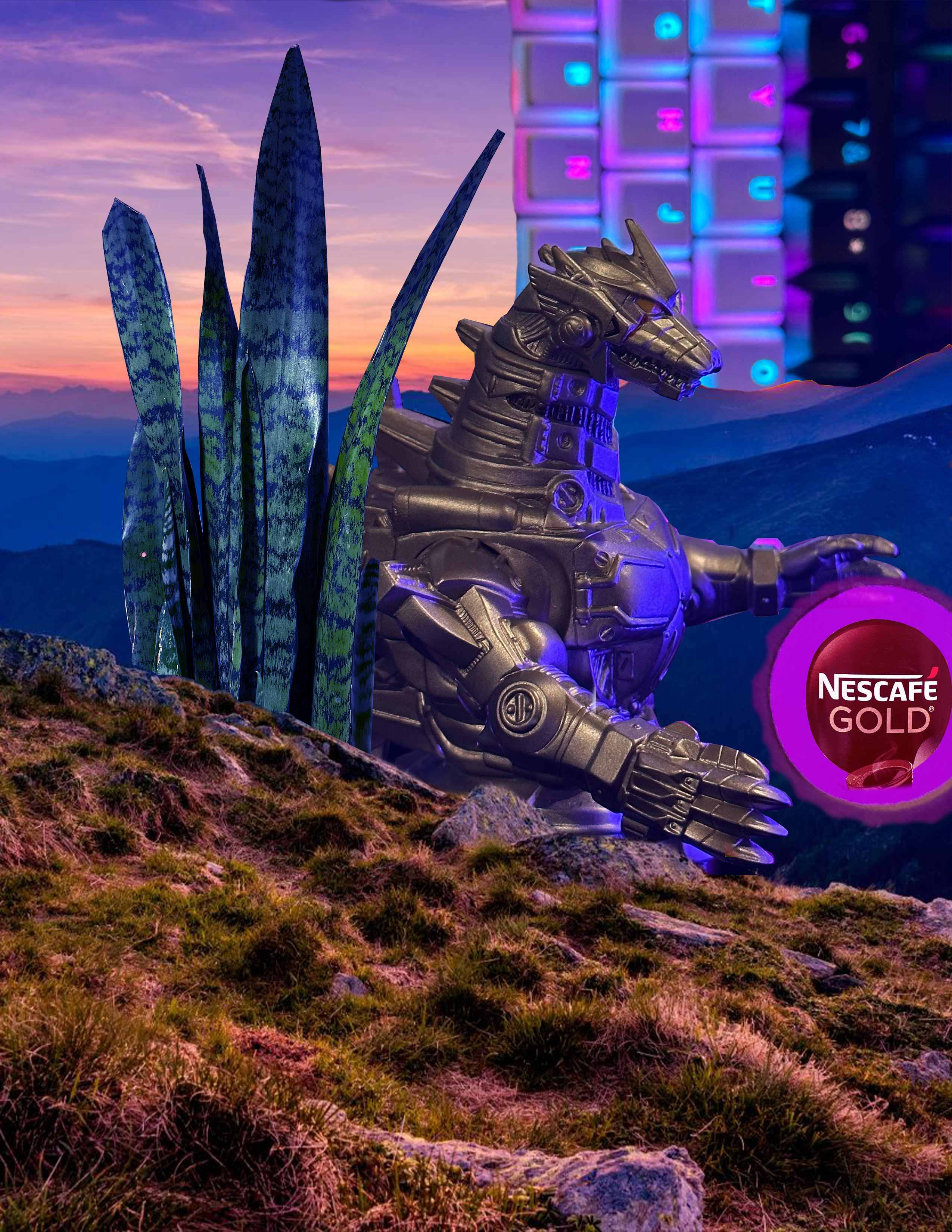Surreal remix: a Mechagodzilla figure on a mossy mountain peak with a neon cyberpunk tower and snake-plant leaves.