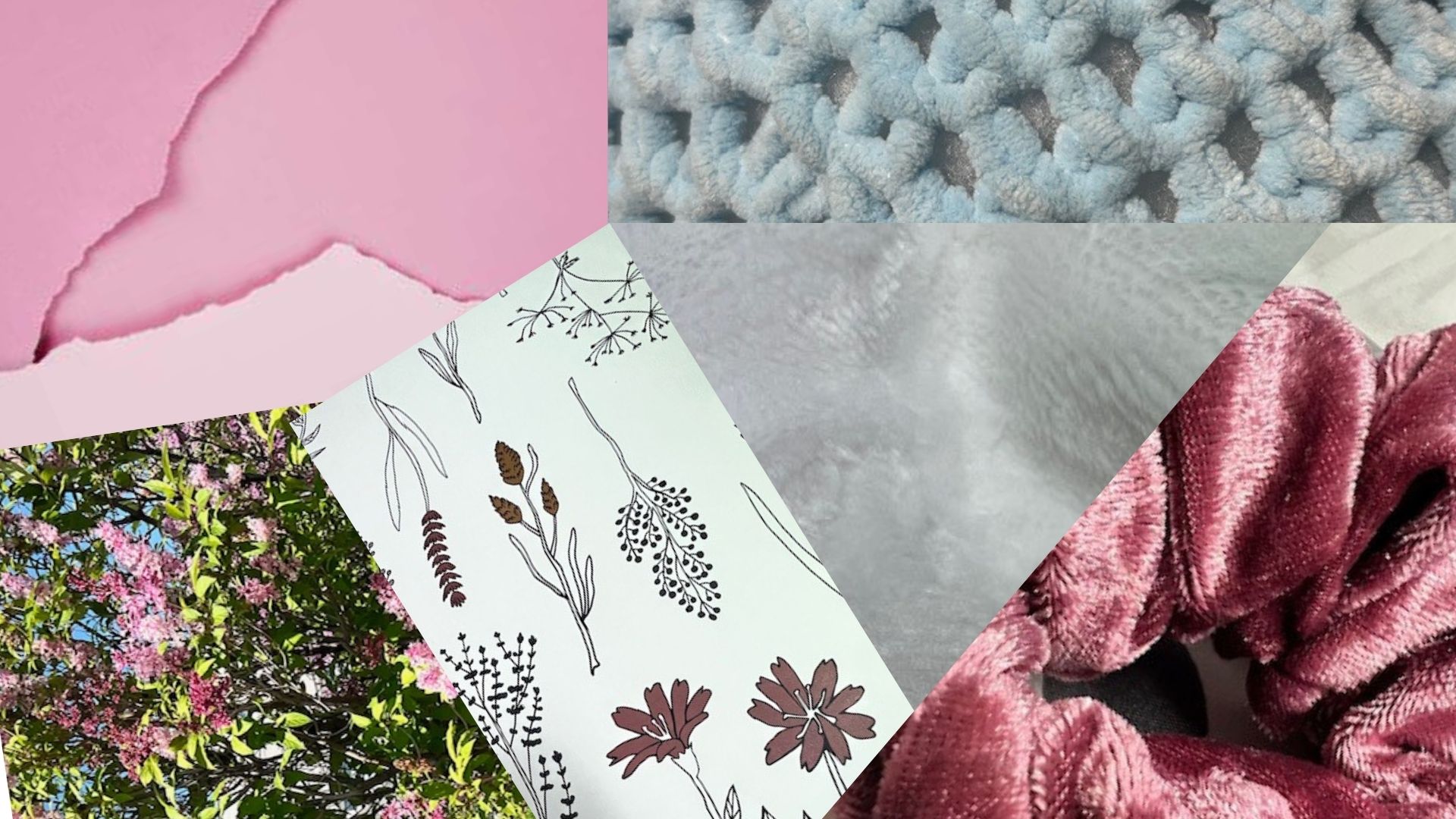 Collage of torn pink paper, chunky knit, botanical print, fur and crushed velvet.