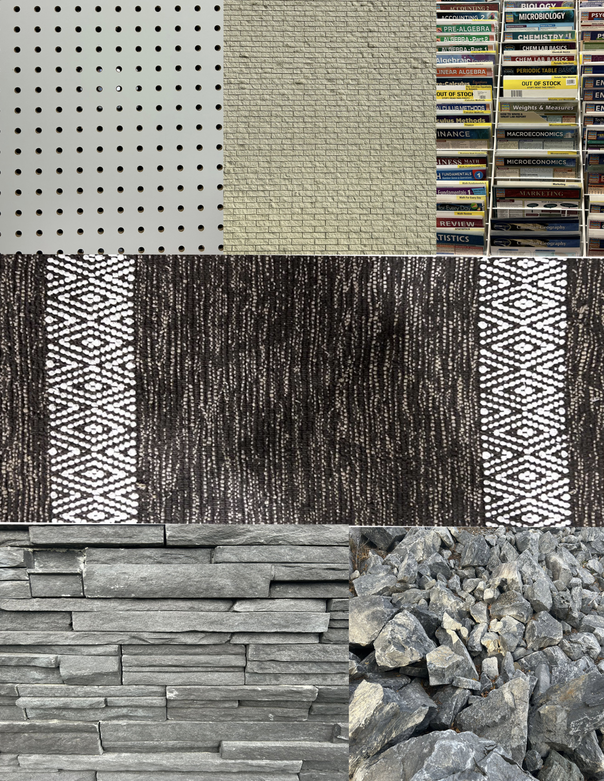 Texture grid: pegboard, brick, a booklet rack, a woven diamond-pattern rug, slate stone wall and gravel.
