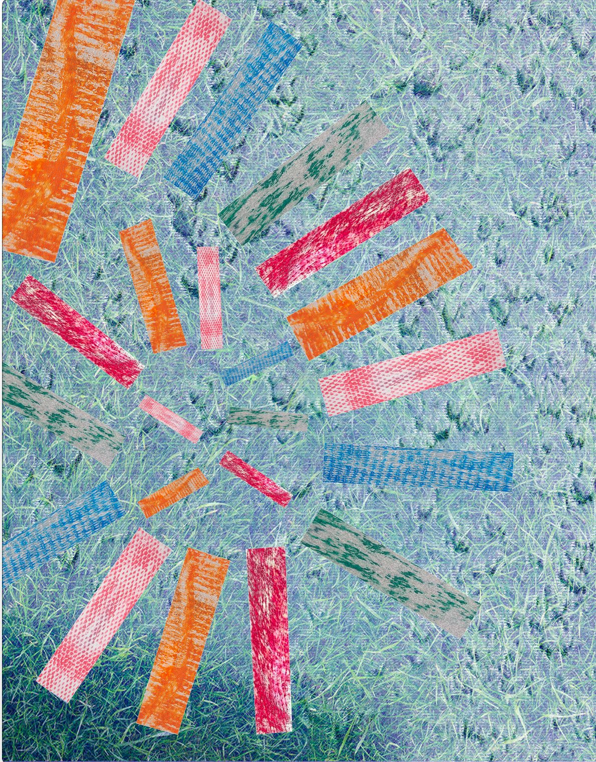 Colorful textured paper strips arranged radially over a grassy textured background.