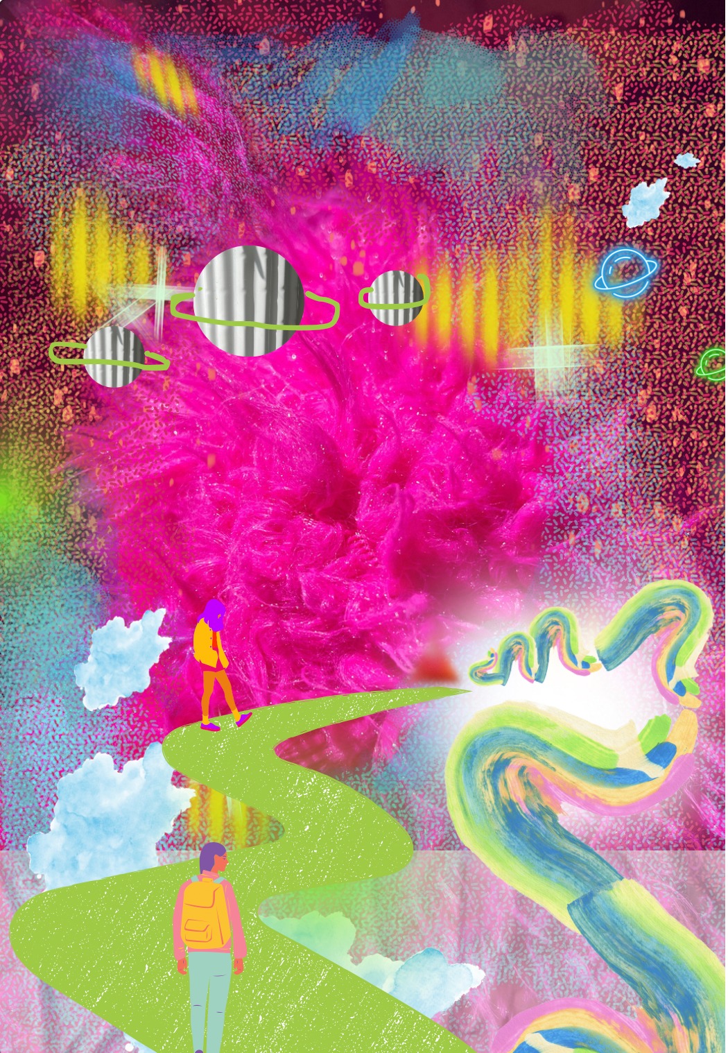 Psychedelic collage with a magenta fur burst, striped ringed planets and a green winding path with hikers.